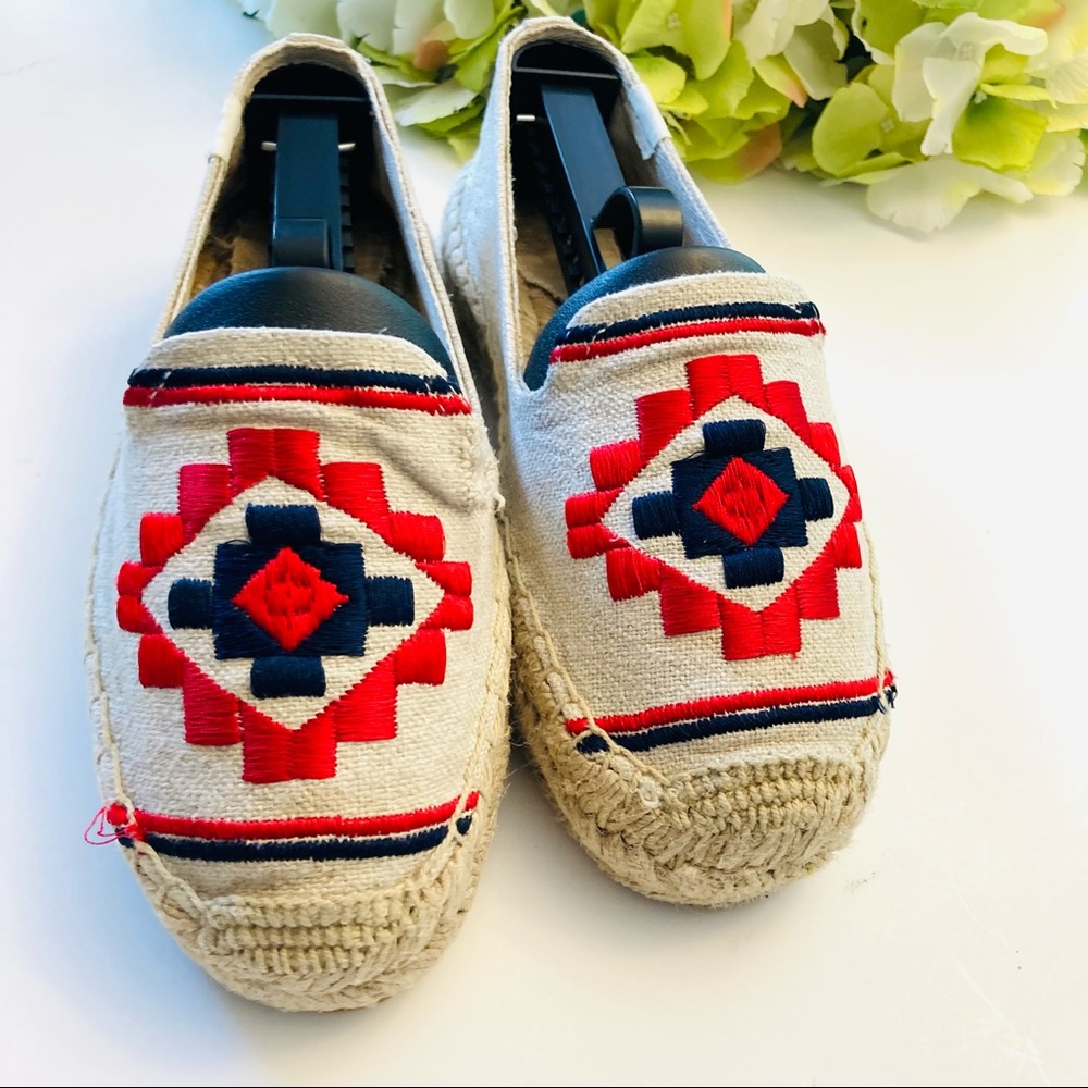 Soludos beige/red/black tribal embroidered shoes